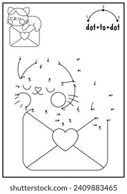 Vector Saint Valentine dot-to-dot and color activity with cute kawaii cat sending letter with heart. Love holiday connect the dots game. Coloring page for kids. Printable worksheet