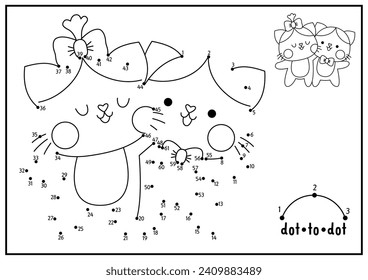 Vector Saint Valentine dot-to-dot and color activity with cute kawaii cat couple. Love holiday connect the dots game with funny character. Coloring page for kids. Printable worksheet
