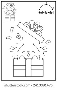 Vector Saint Valentine dot-to-dot and color activity with cute kawaii cat getting out present box. Love holiday connect the dots game. Coloring page for kids. Printable worksheet
