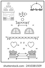 Vector San Valentín punto a punto y actividad de color con linda casa kawaii con corazones. Las vacaciones de amor conectan el juego de puntos con una casita de campo divertida. Página de colorear para niños. Hoja de cálculo imprimible
