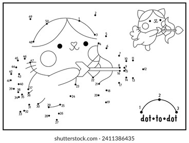 Vektor Saint Valentine Dot-to-Dot und Farbaktivität mit süßer kawaii Katzenkuppe, mit Pfeil, Bogen. Liebesurlaub verbindet das Dots-Spiel mit lustigem Charakter. Farbseite für Kinder. Druckblatt
