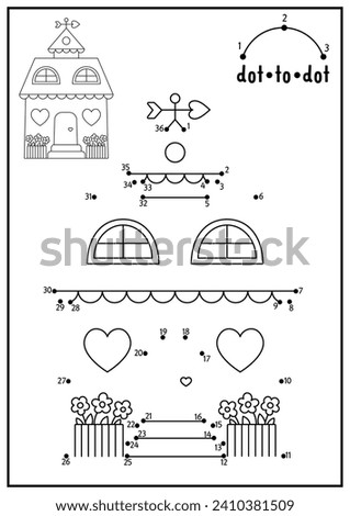 Vector Saint Valentine dot-to-dot and color activity with cute kawaii house with hearts. Love holiday connect the dots game with funny cottage. Coloring page for kids. Printable worksheet
