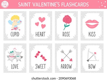 Vector Saint Valentine flash cards set. English language game with cute cupid, heart, rose, loving pair for kids. Love holiday flashcards with funny characters. Simple educational printable worksheet