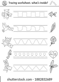 Vector Saint Valentine handwriting practice worksheet. February printable black and white activity for preschool children. Educational tracing game for writing skills with cute animals and love letter
