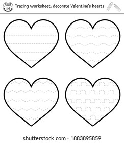 Vector Saint Valentine handwriting practice worksheet. February printable black and white activity for pre-school children. Educational tracing game for writing skills. Decorate Valentine hearts 
