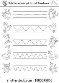 Vector Saint Valentine handwriting practice worksheet. February printable black and white activity for pre-school children. Educational tracing game for writing skills with cute animal pairs
