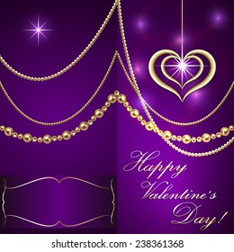 Vector Saint Valentine lilac invitation card with hearts and gold jewelry
