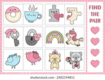 Vector Saint Valentine mix and match puzzle with cute kawaii characters. Matching love holiday activity for kids. Educational game with cats, puzzle pieces. Find the pair. Perfect match concept
