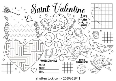 Vektor St. Valentinplakat für Kinder. Liebes Urlaub druckbare Aktivitätsmatte mit Labyrinth, tic Tac Zehendiagramme, verbinden Sie die Punkte, finden Sie Unterschied. Schwarz-Weiß-Spielmatte oder Farbseite