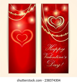 Vector Saint Valentine red greeting card with hearts and gold jewelry