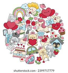 Vektor St. Valentiner Rundrahmen für Kinder mit Kawaii Zeichen. Liebliche Feriengrafik mit lustigen Cupiden, Einhorn, Katzen, Herzen, Blumen im Kreis gerahmt. Geräumige romantische Elemente setzen
