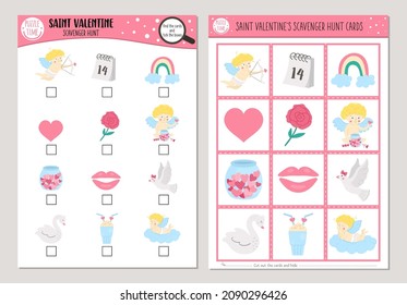 Vector Saint Valentine Scavenger Hunt Cards Set. Seek And Find Game With Cute Cupid, Heart, Rose, Swan, Dove For Kids. Love Holiday Searching Activity. Simple Educational Printable Worksheet
