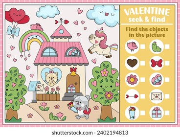 Vector Saint Valentine Suche Spiel mit Haus und kawaii Charaktere. Spot versteckte Objekte auf dem Bild. Einfache Liebe Urlaub suchen und finden Sie druckbare Aktivität mit Einhorn, Kupid, Herzen
