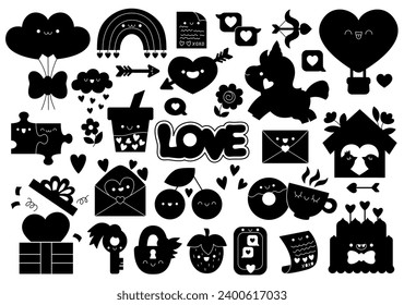 Vector Saint Valentine silhouette set. Traditional love themed black and white clipart. Shadow collection with unicorn, hearts, flowers, rainbow, cake, message. February holiday kawaii cute design
