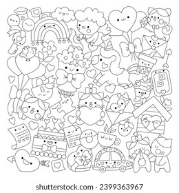 Vector página de color cuadrado en forma de línea de San Valentín para niños con personajes kawaii lindos. Dibujo de vacaciones de amor negro y blanco con cupido divertido, unicornio, gatos, corazones, flores
