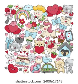 Vector Saint Valentine square shaped frame for kids with kawaii characters. Love holiday illustration with funny cupid, unicorn, cats, hearts, flowers. Cute romantic elements set
