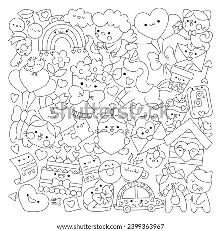 Vector Saint Valentine square shaped line coloring page for kids with cute kawaii characters. Black and white love holiday illustration with funny cupid, unicorn, cats, hearts, flowers
