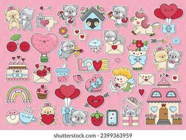 Vektor-Aufkleber von Saint-Valentine mit süßen kawaii-Zeichen. Traditionelle Liebesvideos für Kinder. Funny Badges Kollektion mit Cupid, Einhorn, Katzen, Herzen, Blumen. Cartoon Romantik Icons Set
