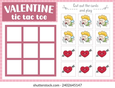 Vector Saint Valentine tic tac toe chart with cupid and heart with arrow. Kawaii board game playing field with cute characters. Funny love holiday printable worksheet. Noughts and crosses grid 
