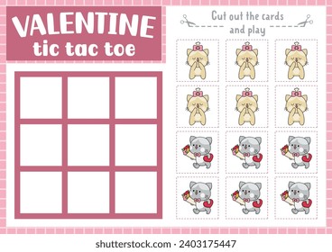 Vector Saint Valentine tic tac tae chart con pareja de gatos. Juego de mesa de Kawaii jugando con personajes lindos. Graciosa hoja de trabajo imprimible de vacaciones de amor. Cuadrícula de nubes y cruzas