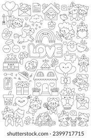 Vector Saint Valentine vertical line coloring page for kids with cute kawaii characters. Black and white love holiday illustration with funny cupid, unicorn, cats, hearts, flowers. Funny search poster