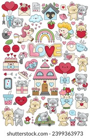 Vector Saint Valentine vertical poster for kids with kawaii characters. Love holiday illustration with funny cupid, unicorn, cats, hearts, flowers. Funny searching page. Cute romantic elements set
