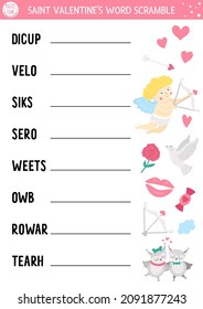 Vector Saint Valentine word scramble activity page. English language game with cupid, heart, rose, loving pair for kids. Love holiday family quiz. Simple educational printable worksheet.
