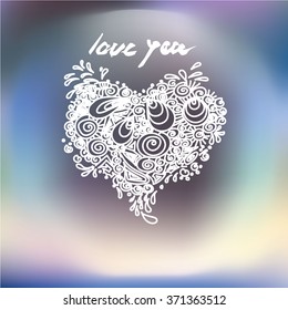Vector Saint Valentine's card design with blurred background and hand drawn doodle heart