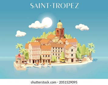 Vector Saint-Tropez, France, cityscape illustration. Town view from the sea. Buildings, streets, port with yachts, church tower, lighthouse