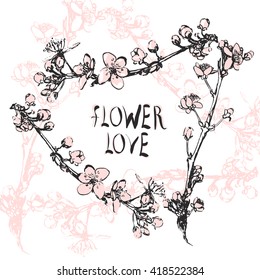 Vector sakura branch illustration. Ink painting. Wedding invitation card.