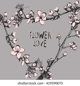 Vector sakura branch illustration. Ink painting