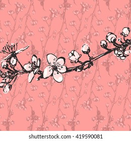 Vector sakura branch illustration. Ink painting