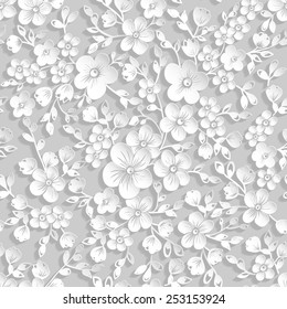 Vector sakura flower seamless pattern element. Elegant texture for backgrounds. 3D elements with shadows and highlights. Paper cut. Cherry blossom.