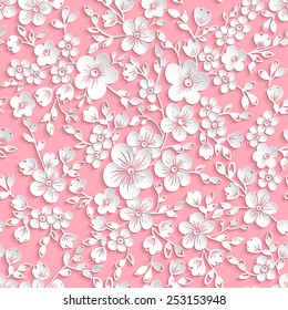 Vector sakura flower seamless pattern element. Elegant texture for backgrounds. 3D elements with shadows and highlights. Paper cut. Cherry blossom
