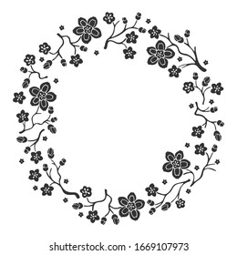 Vector sakura wreath. Natural round frame with blossom cherry tree branches. Hand drawn japanese flowers illustration on white background.