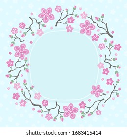 Vector sakura wreath. Natural round frame with blossom cherry tree branches. Hand drawn japanese flowers illustration on blue background.