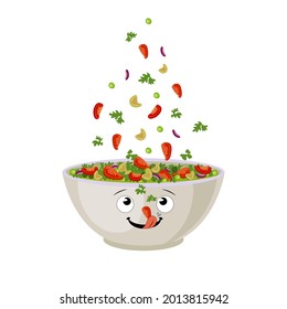 Tazón de ensalada vectorial con cara divertida aislada en fondo blanco, concepto de alimentación saludable, plantilla de ilustración. 
