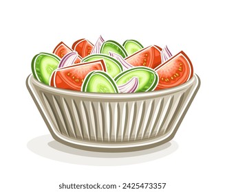 Vector Salad in Bowl, horizontal poster with cartoon design vegetable still life composition in bowl, decorative placard with tomato-cucumber salad on white background