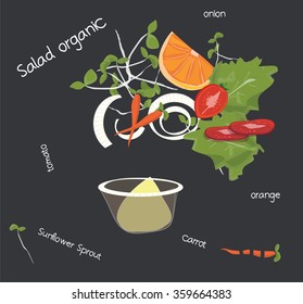 Vector salad of fresh vegetables and salad ingredients on a Black background
