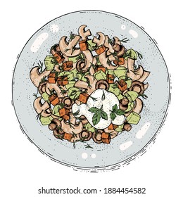 Vector salad with mushrooms, vegetables and herbs in a dish. Hand drawn sketches engraving style. Vintage color illustration. Top view