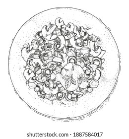 Vector salad with mushrooms, vegetables and herbs in a dish. Hand drawn sketches engraving style. Vintage illustration. Top view