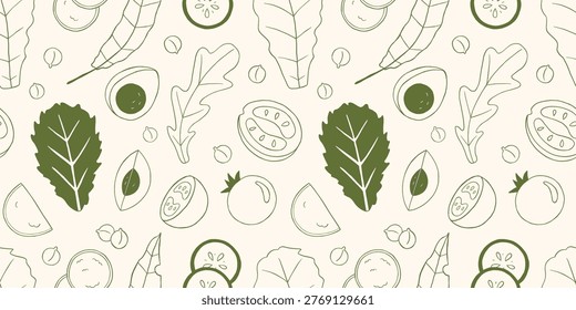 Vector salad seamless pattern with green outline hand drawn sketch monochrome doodle leaf, egg, tomato, vegetable element on light background. Organic food print for wallpaper, wrapping paper design.