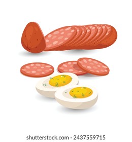 Vector Salami sausage with slices and eggs white Background