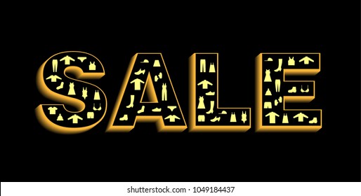 Vector sale 3d banner with silhouettes of clothes, light effect on a black background.   