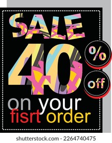 Vector sale 40 % off on your first order decorative futuristik font in black background 