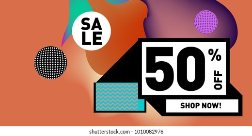 Vector sale 50% discount and promotion banner. Fluid and liquid colorful background design template. Eps10.