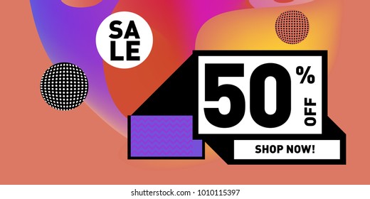 Vector sale 50% discount and promotion banner. Fluid and liquid colorful background design template. Eps10.