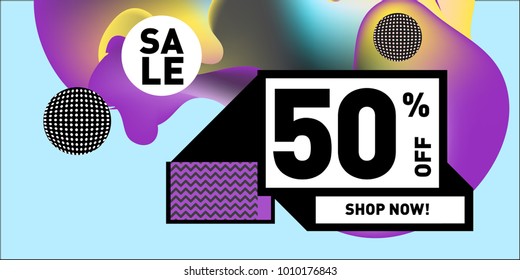 Vector sale 50% discount and promotion banner. Fluid and liquid colorful background design template. Eps10.