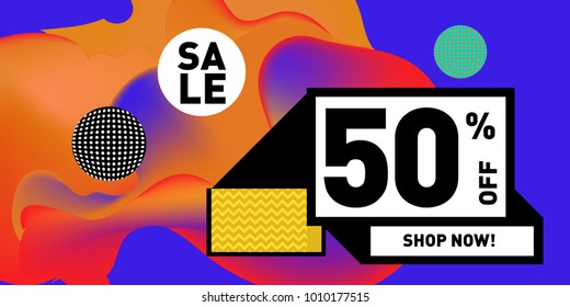 Vector sale 50% discount and promotion banner. Fluid and liquid colorful background design template. Eps10.