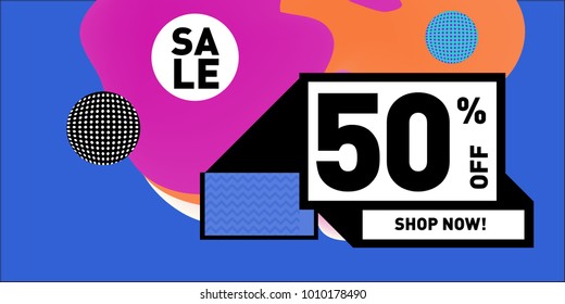 Vector sale 50% discount and promotion banner. Fluid and liquid colorful background design template. Eps10.